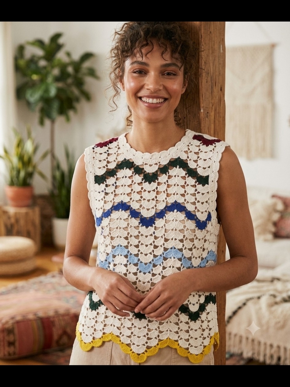 Chelsea & Violet Cream Crochet Tank with Multicolor Scallop Stripes